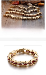 Detail of 18K gold plated stainless steel bike chain bracelet with colorful zircon stones