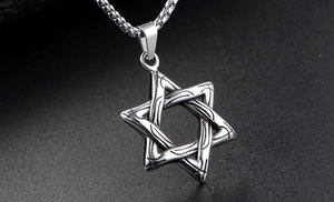 Close-up of silver hexagram pendant with vintage textured finish and steel chain