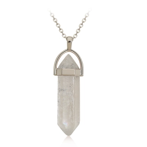Clear quartz point pendant necklace with a hexagonal crystal pillar on a metallic chain