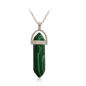 Detailed view of hexagonal green malachite point pendant on a slim silver chain necklace
