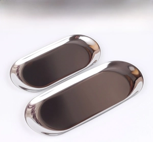 Polished silver stainless steel oval storage trays in two pieces set with mirror finish