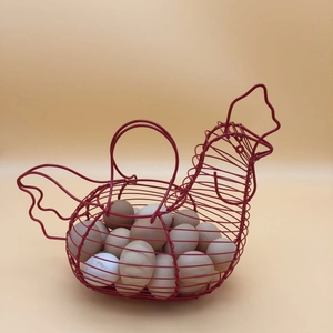 Red hen-shaped iron wire egg basket for kitchen storage and organizing fruit or snacks