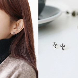 Cross Stud Earrings Vintage Oxidized 925 Sterling Silver Goth Style Jewelry For Women Men