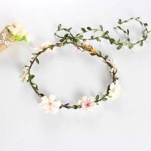 White and pink artificial flower wreath with green leaves and vine for bridal hair decoration