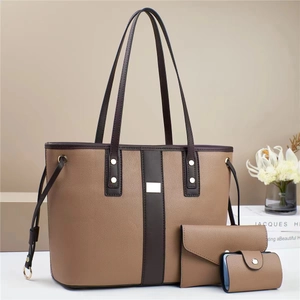 3-piece tan faux leather tote set with crossbody bag and wallet in a stylish display