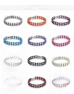 Multiple colors of stainless steel bicycle chain bracelets for men shown in a grid