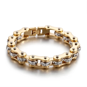 Gold stainless steel motorcycle chain bracelet featuring high-quality crystal inlay
