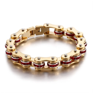 Golden stainless steel motorcycle chain bracelet with inlaid red crystals for couples