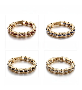Detailed color display of stainless steel motorcycle chain bracelets with cubic zirconia