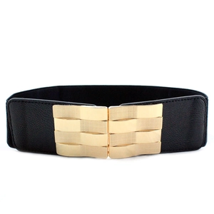 Women's black elastic wide waist belt with elegant gold wavy metallic buckle closure
