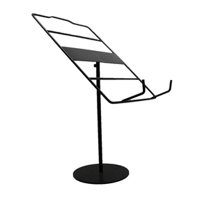 Side view of a black metal display stand with a stable round base and wire frame