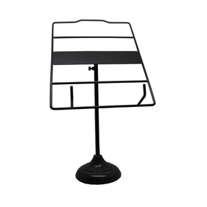Adjustable black metal display stand with music tray and stable round base