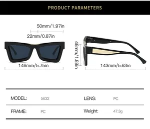 Size guide with technical measurements for retro cat eye sunglasses showing PC frame specs