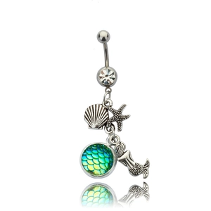 Sparkling mermaid scale belly button ring with starfish and seashell charms in silver finish