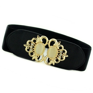 Elastic black waist belt for women with gold buckle and synthetic cat eye stone inlay
