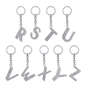 Alphabet keychains R-Z in silver alloy with rhinestones, luxury glitter accessory