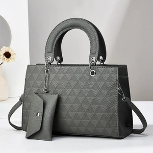 Grey geometric embossed tote bag with detachable crossbody strap and small pouch
