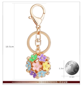 Detailed view of a floral key ring with dimensions 10.5cm and a coin for size reference