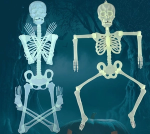 Luminous Halloween skeleton frames in folded and unfolded poses for haunted house decor