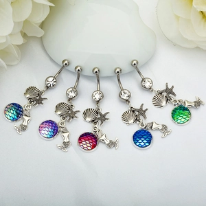 Mermaid Tail Starfish Shell Belly Button Ring Stainless Steel Zircon Navel Piercing Jewelry Ocean Theme Dangle Women