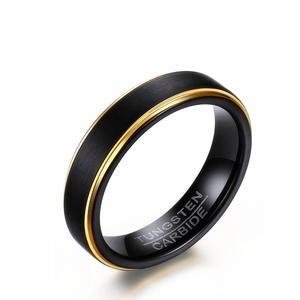 5mm black brushed tungsten carbide ring with gold grooved accent for men