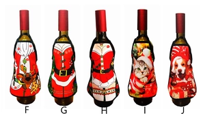 Detailed set of five mini Christmas apron wine bottle covers with diverse festive patterns