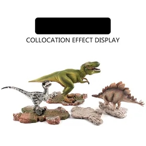 Realistic dinosaur toy set with Tyrannosaurus, Raptor, and Stegosaurus on rock bases