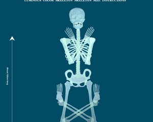 Detailed size chart showing a 150cm luminous Halloween skeleton for spooky decor