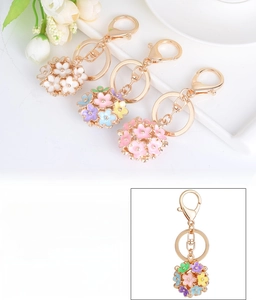 Detail view of colorful enamel floral ball keychain with dimensions 10.5cm and 42g weight