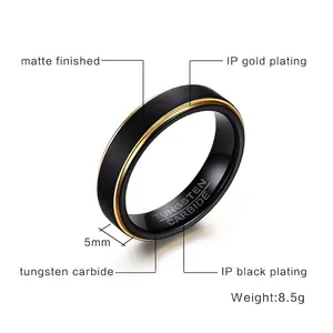 5mm men's tungsten carbide ring with black brushed exterior and gold plated inner band