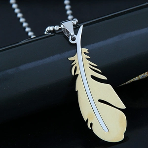 Unisex stainless steel feather pendant necklace with gold and silver two-tone finish