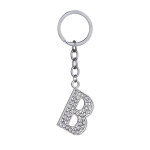 Silver letter B keychain with sparkling rhinestones and metal link chain for keys