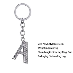 Alphabet letter A keychain with sparkling crystals and silver metal keyring
