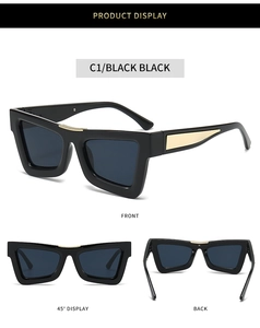 Detailed views of black thick-frame cat-eye sunglasses with gold metal accents
