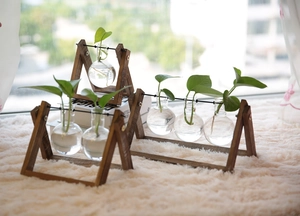 Modern wooden plant stand with one, two, and three glass bulb vases on a soft white rug