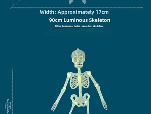 Detailed size chart of 90cm luminous Halloween plastic skeleton showing height and width