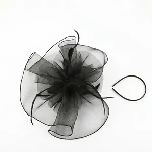 Elegant black mesh veil fascinator with feathers and headband for party and banquet
