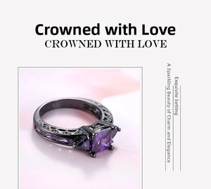 Macro detail of square purple zircon ring with black gold vintage filigree carving