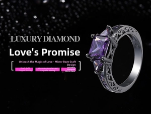 Macro detail of black gold plated ring featuring princess cut purple zircon and carvings
