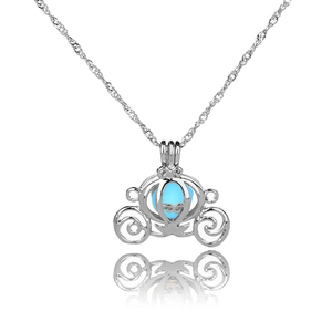 Luminous blue bead in hollow pumpkin carriage pendant with silver twisted chain necklace