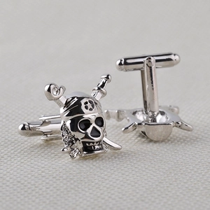 Silver pirate skull cufflinks with crossbones design for French business style shirt