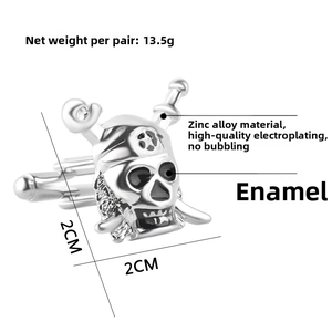 Detailed view of silver pirate skull cufflinks with zinc alloy and enamel finish