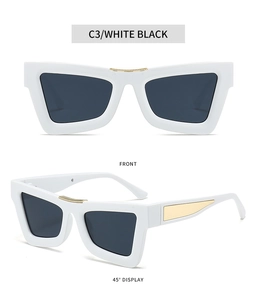 Front and side view of white cat-eye sunglasses with gold accents and dark lenses