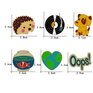Detailed size guide for 6 colorful enamel pins including hedgehog and world map