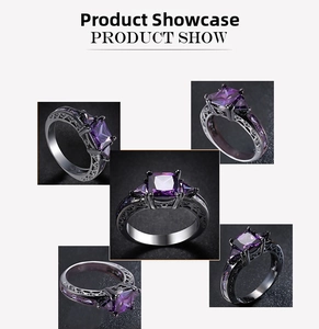 Macro detail of black gold ring with square purple zircon and hollow lace texture
