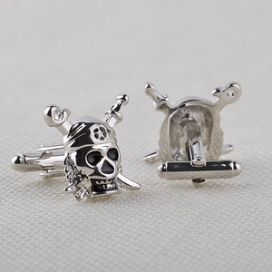 Silver skull and crossbones cufflinks for men's business shirt with pirate design
