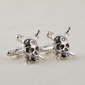 Silver pirate skull cufflinks with black enamel and T-bar back for men's business shirt