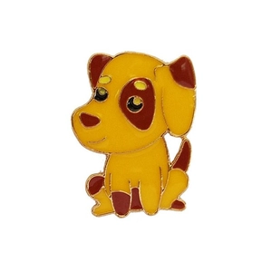 Macro shot of a yellow cartoon dog metal enamel pin with glossy finish and vibrant colors