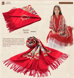 Detailed close-up of ethnic paisley wool shawl with intricate embroidery and tassels