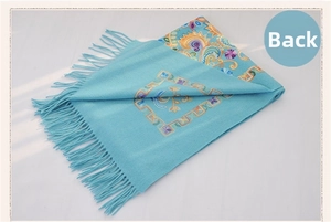 Reverse side detail of light blue wool shawl showing intricate embroidery and fringe
